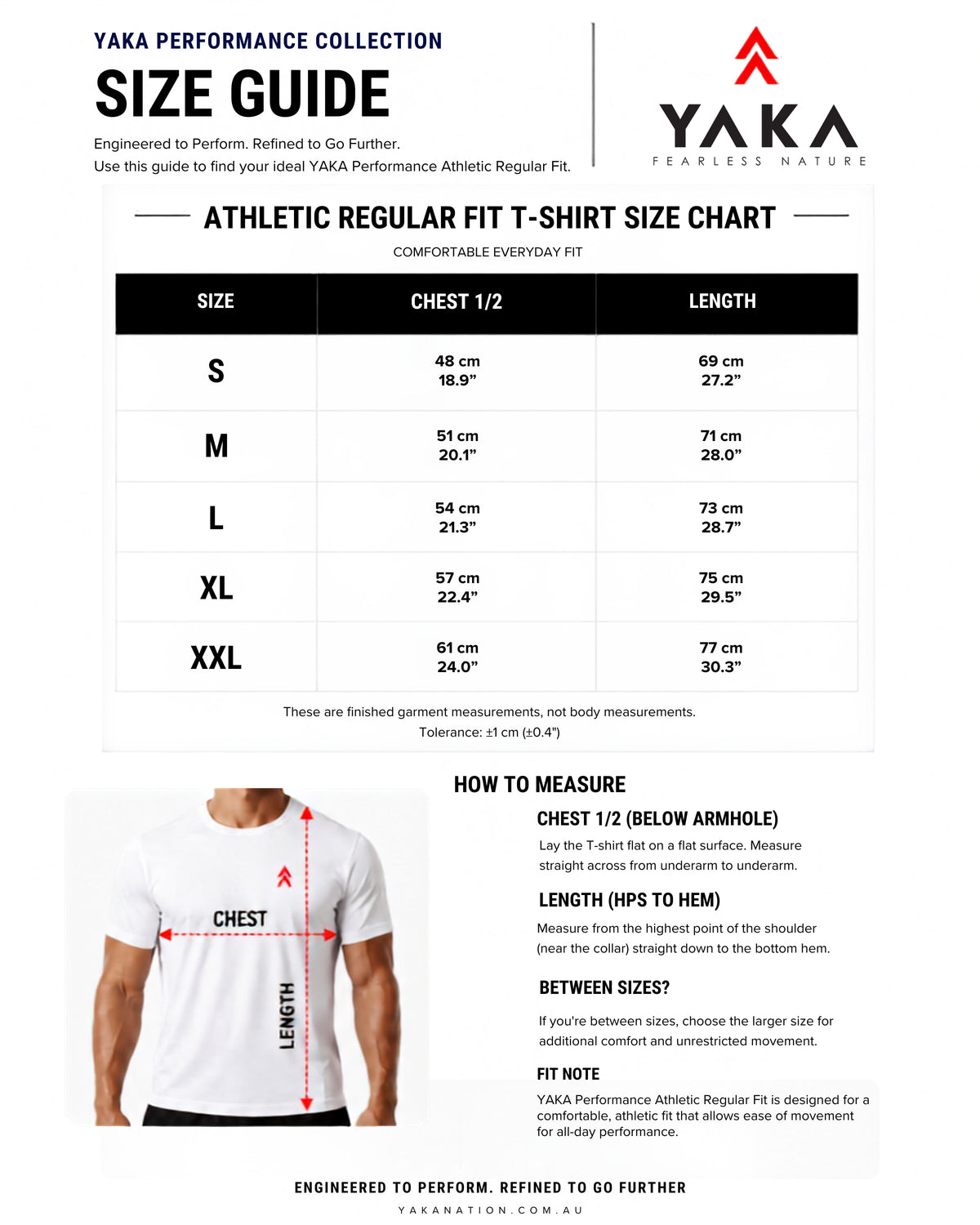 YAKA Nation AVRA performance tee size guide with garment measurements and fit information