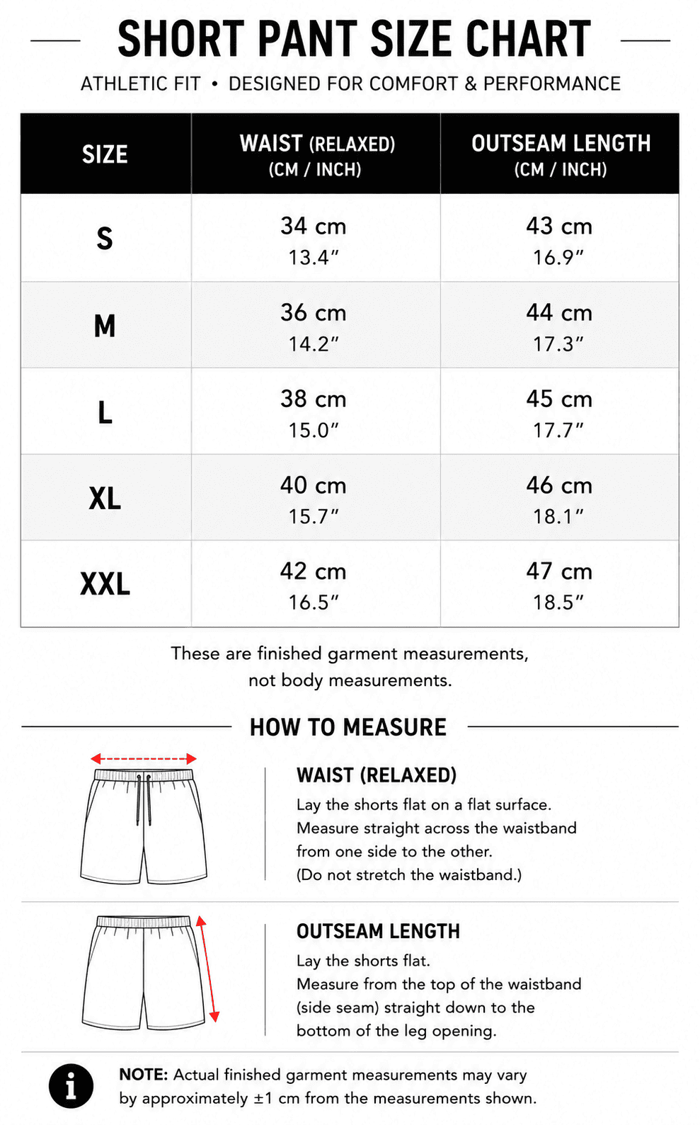 YAKA Nation athletic shorts size chart with waist and outseam measurements from S to XXL