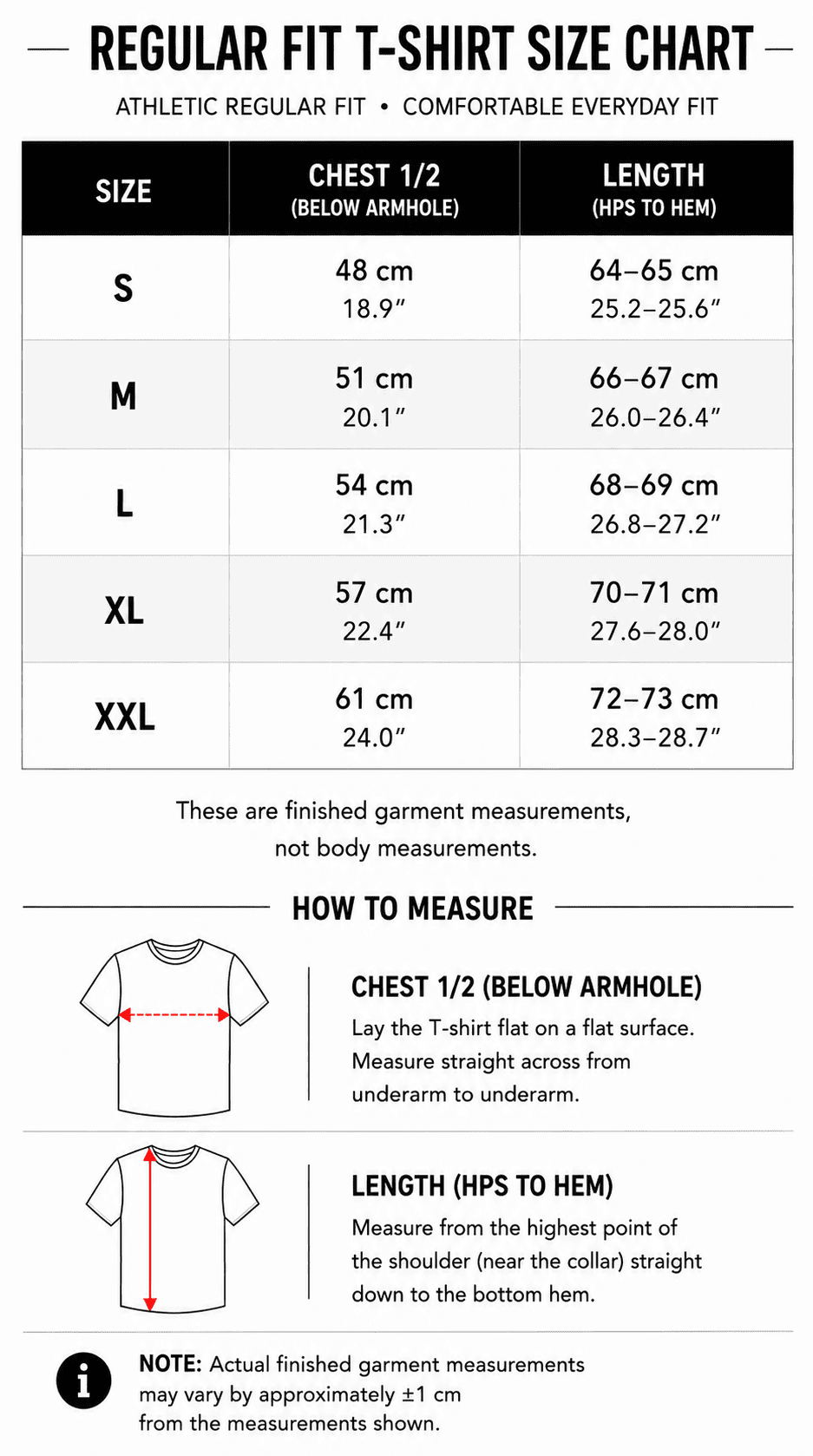 YAKA Nation regular-fit T-shirt size chart with chest and length measurements from S to XXL