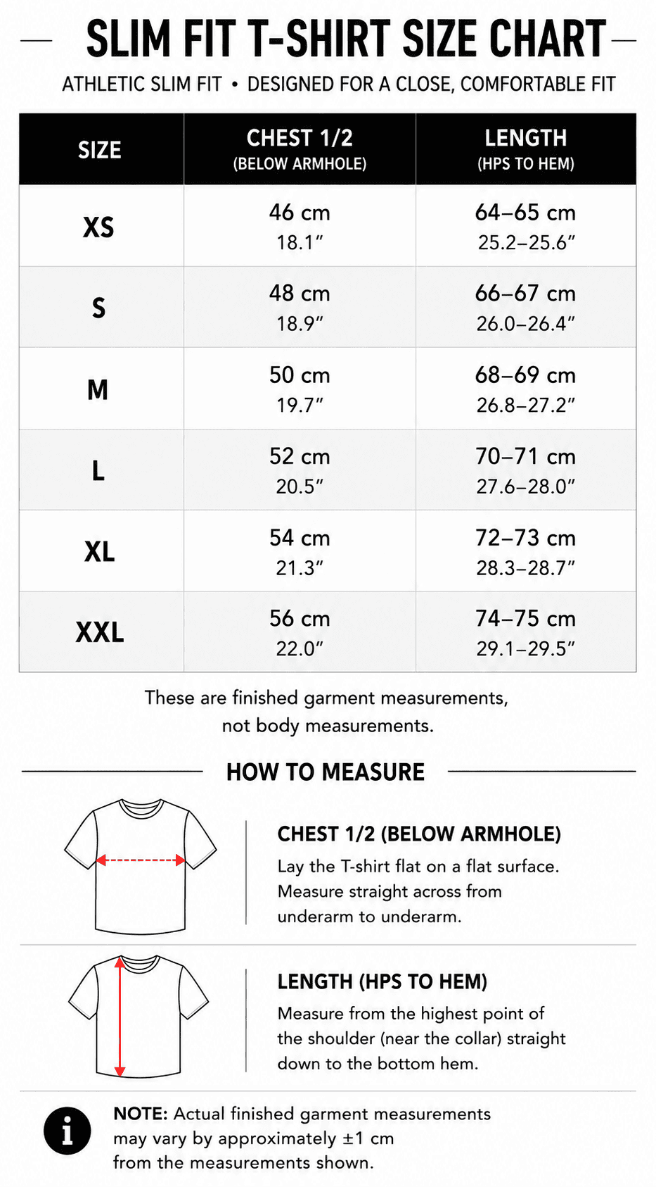 YAKA Nation slim-fit T-shirt size chart with chest and length measurements from XS to XXL