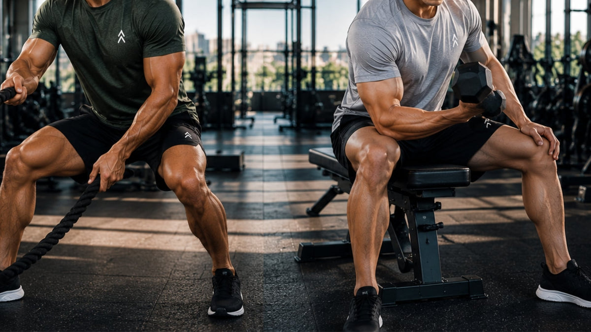 Two YAKA Nation ambassadors working out in an industrial gym, wearing ALTA Military Green and Forge Grey performance t-shirts.