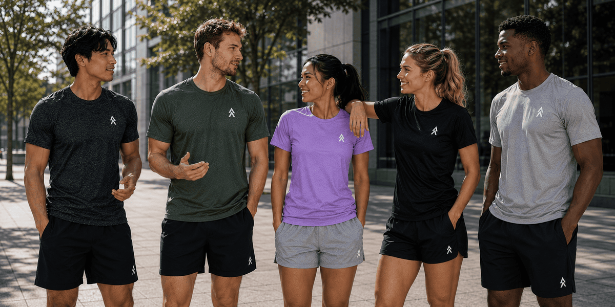 A diverse group of five athletes smiling and talking in an outdoor urban setting, wearing YAKA Nation performance t-shirts and athletic shorts in black, military green, lavender, and grey.