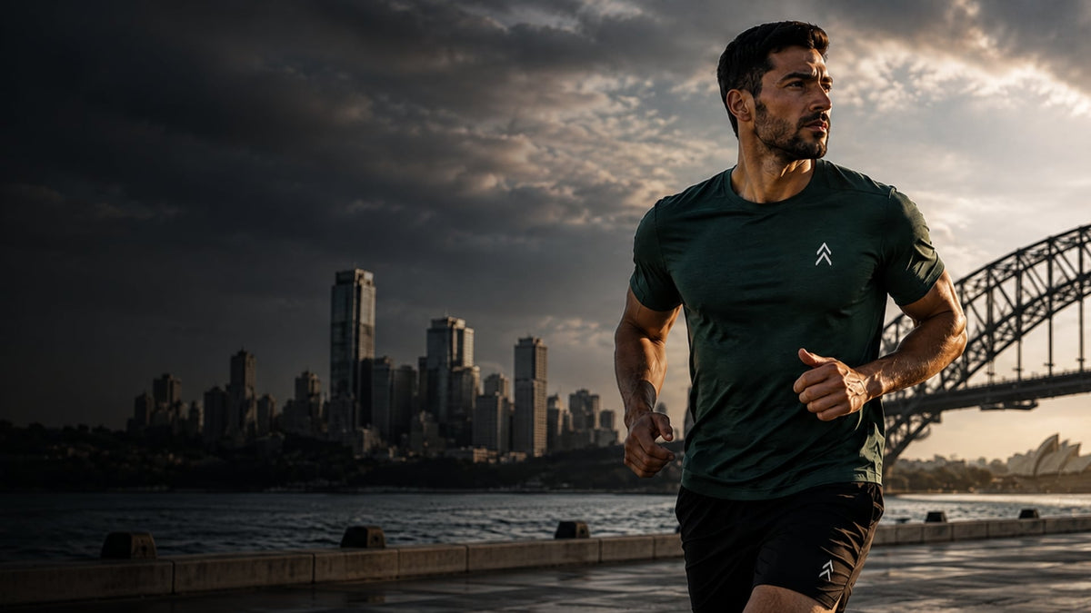 Male athlete running by the Sydney Harbour Bridge wearing a YAKA Nation military green performance t-shirt and black athletic shorts.