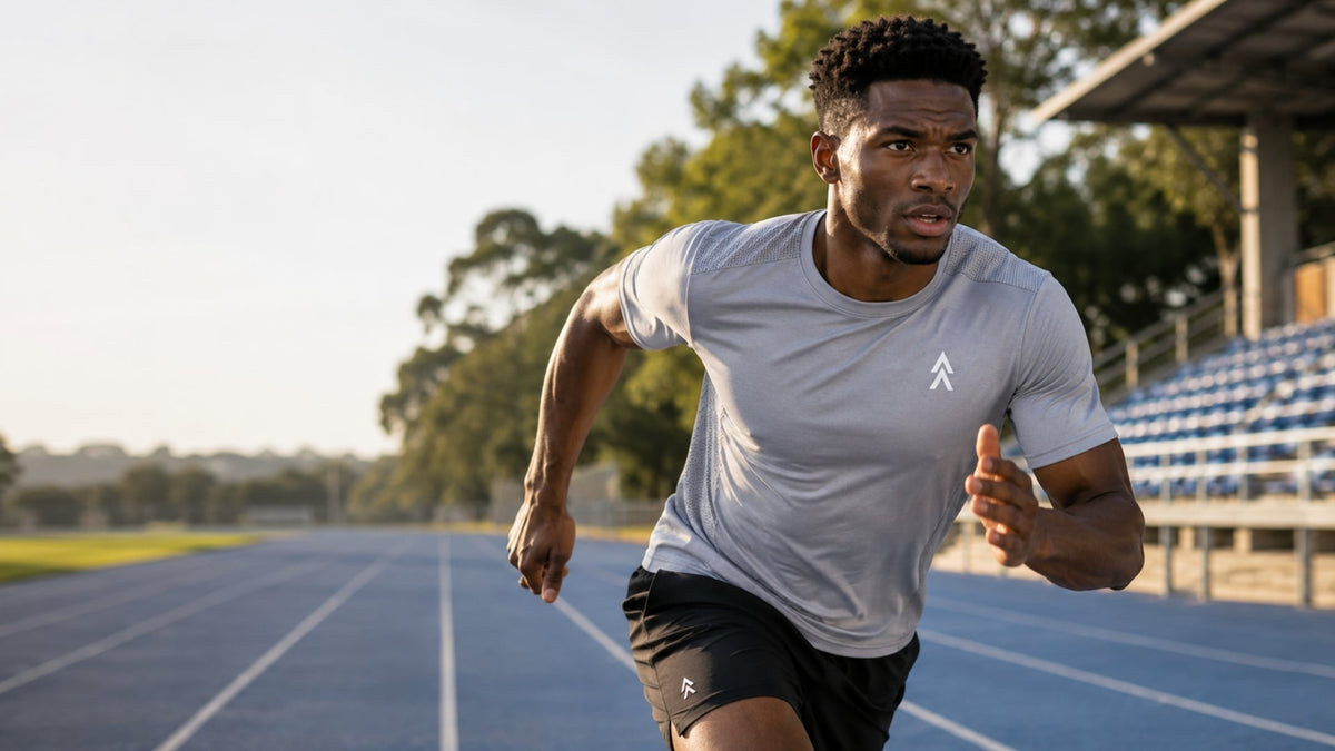 Male athlete sprinting on an outdoor blue running track wearing a YAKA Nation grey performance t-shirt in natural lighting.
