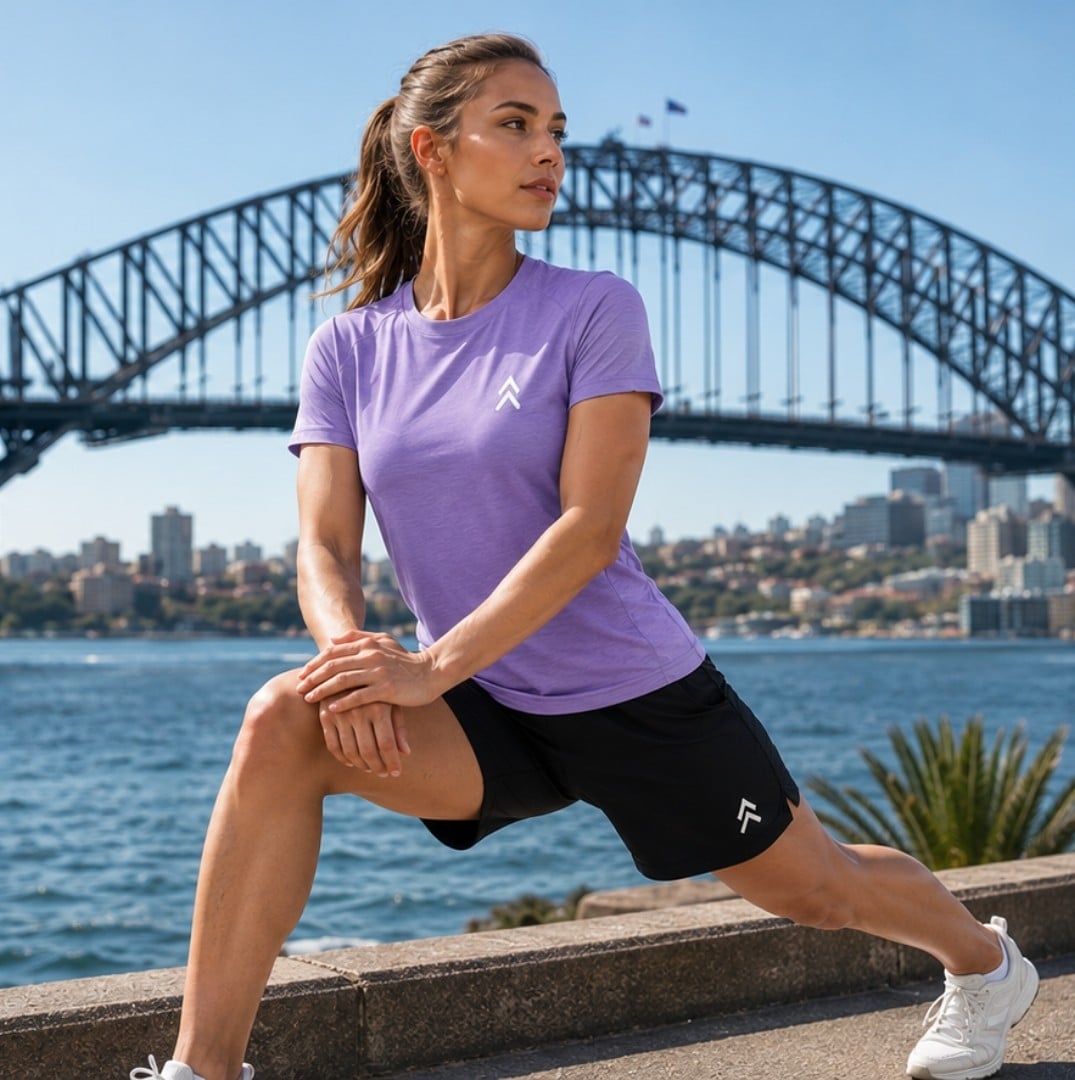 Female athlete stretching beside Sydney Harbour wearing a YAKA Nation NAIA Muse Lavender performance t-shirt and black shorts.