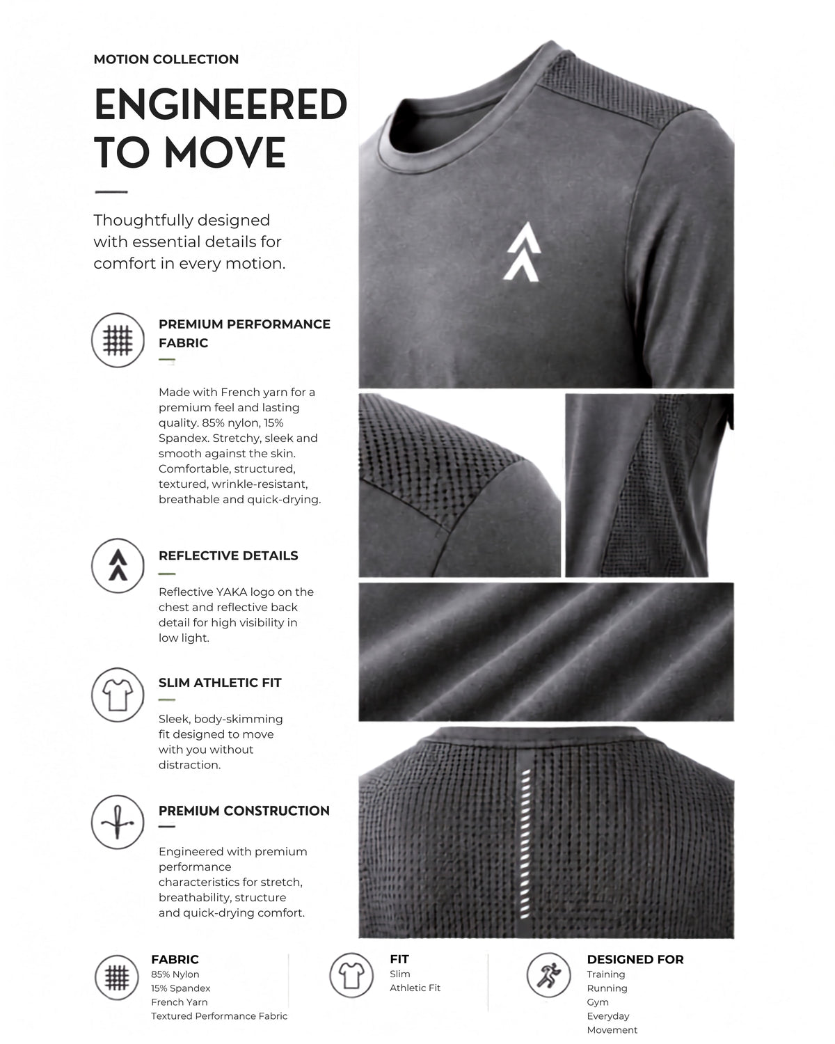 ALTA Forge Grey Motion tee showing textured stretch fabric and reflective YAKA details
