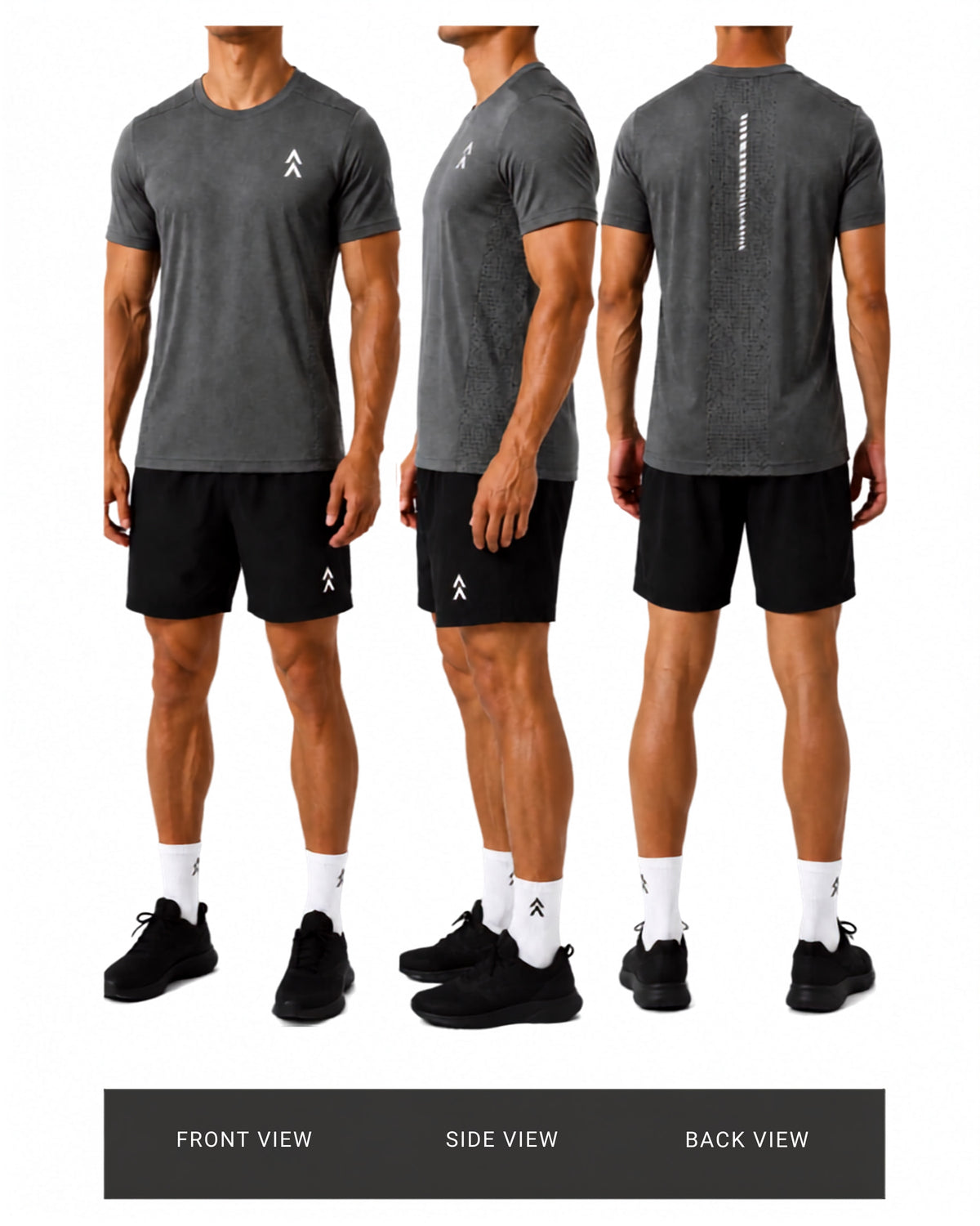 ALTA Forge Grey Motion tee shown on model from front, side and back