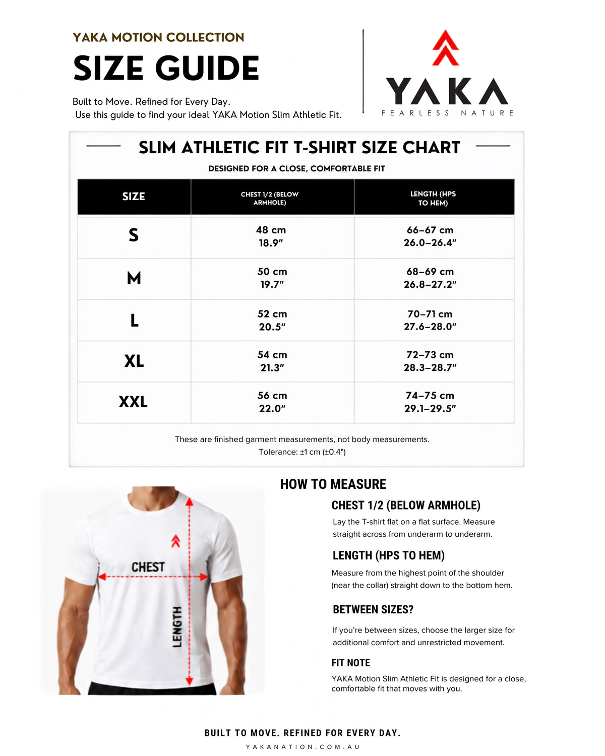 YAKA Nation ALTA Motion tee size guide with garment measurements and fit information