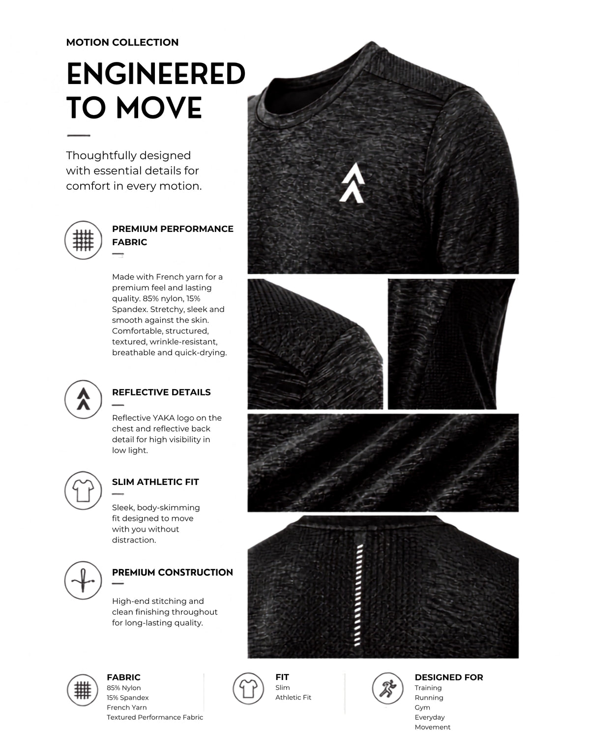 ALTA Marled Black Motion tee showing textured stretch fabric and reflective YAKA details