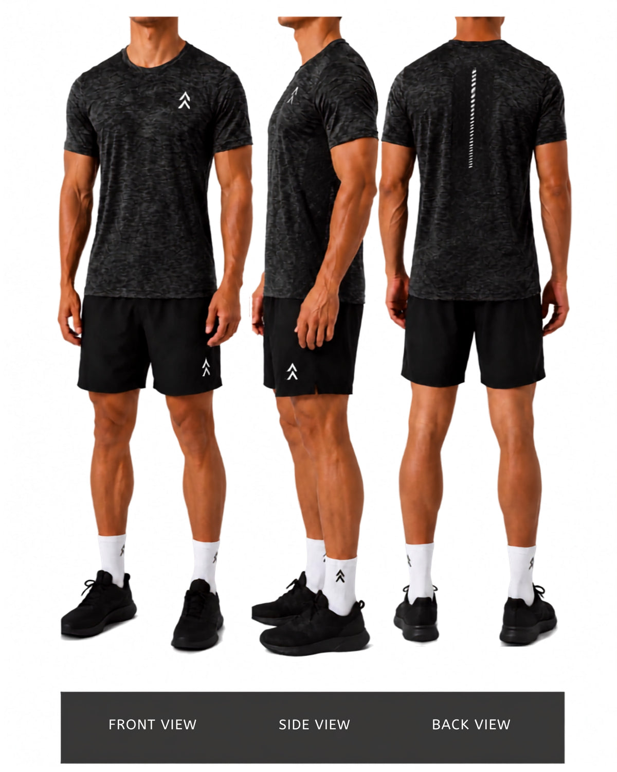 ALTA Marled Black Motion tee shown on model from front, side and back