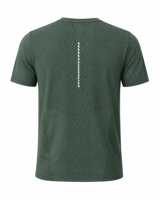 YAKA Nation ALTA Military Green Motion tee – back view with reflective detail