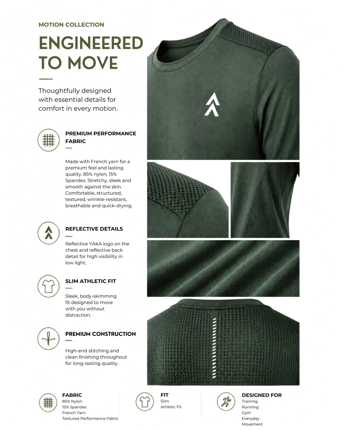 ALTA Military Green Motion tee showing textured stretch fabric and reflective YAKA details