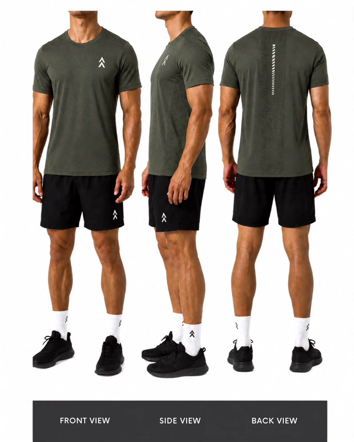 ALTA Military Green Motion tee shown on model from front, side and back