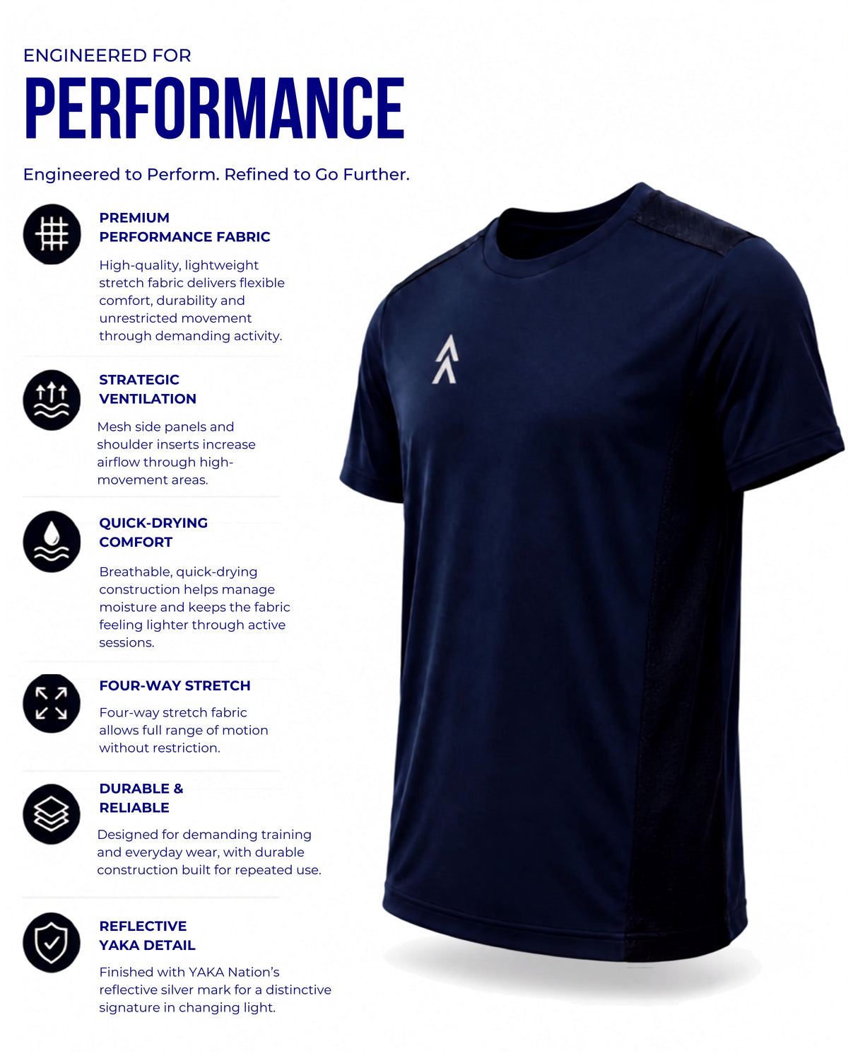 AVRA Odyssey Blue performance tee showing stretch fabric, mesh ventilation and reflective YAKA details