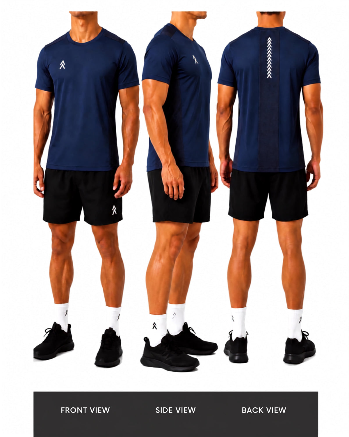 AVRA Odyssey Blue performance tee shown on model from front, side and back