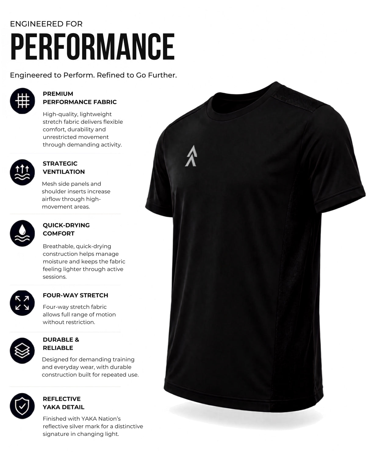 AVRA Phantom Black performance tee showing stretch fabric, mesh ventilation and reflective YAKA details
