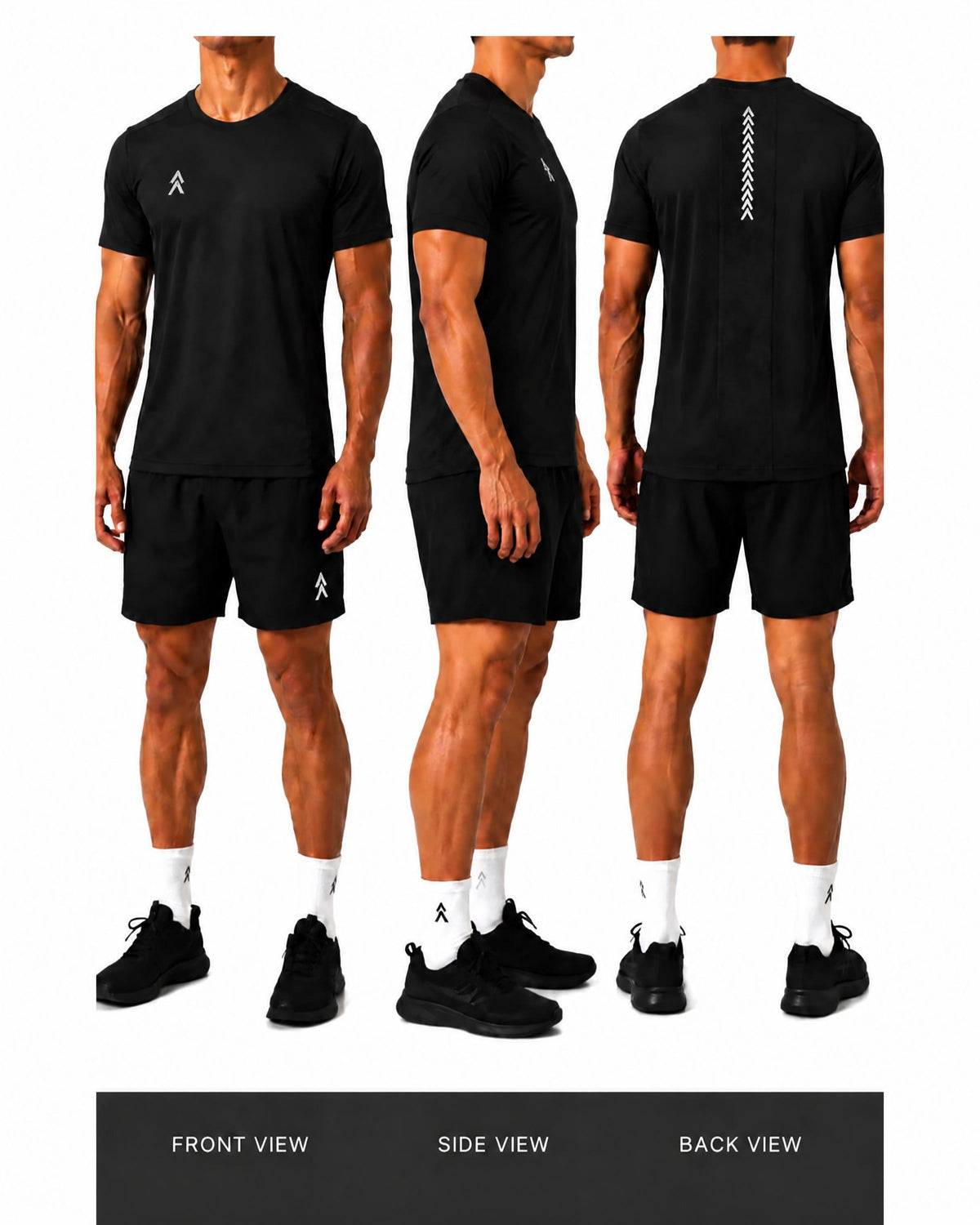 AVRA Phantom Black performance tee shown on model from front, side and back