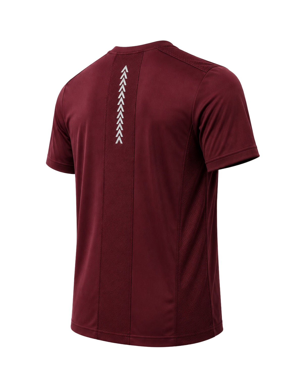 YAKA Nation AVRA Rogue Maroon performance tee – angled back view with reflective YAKA detail