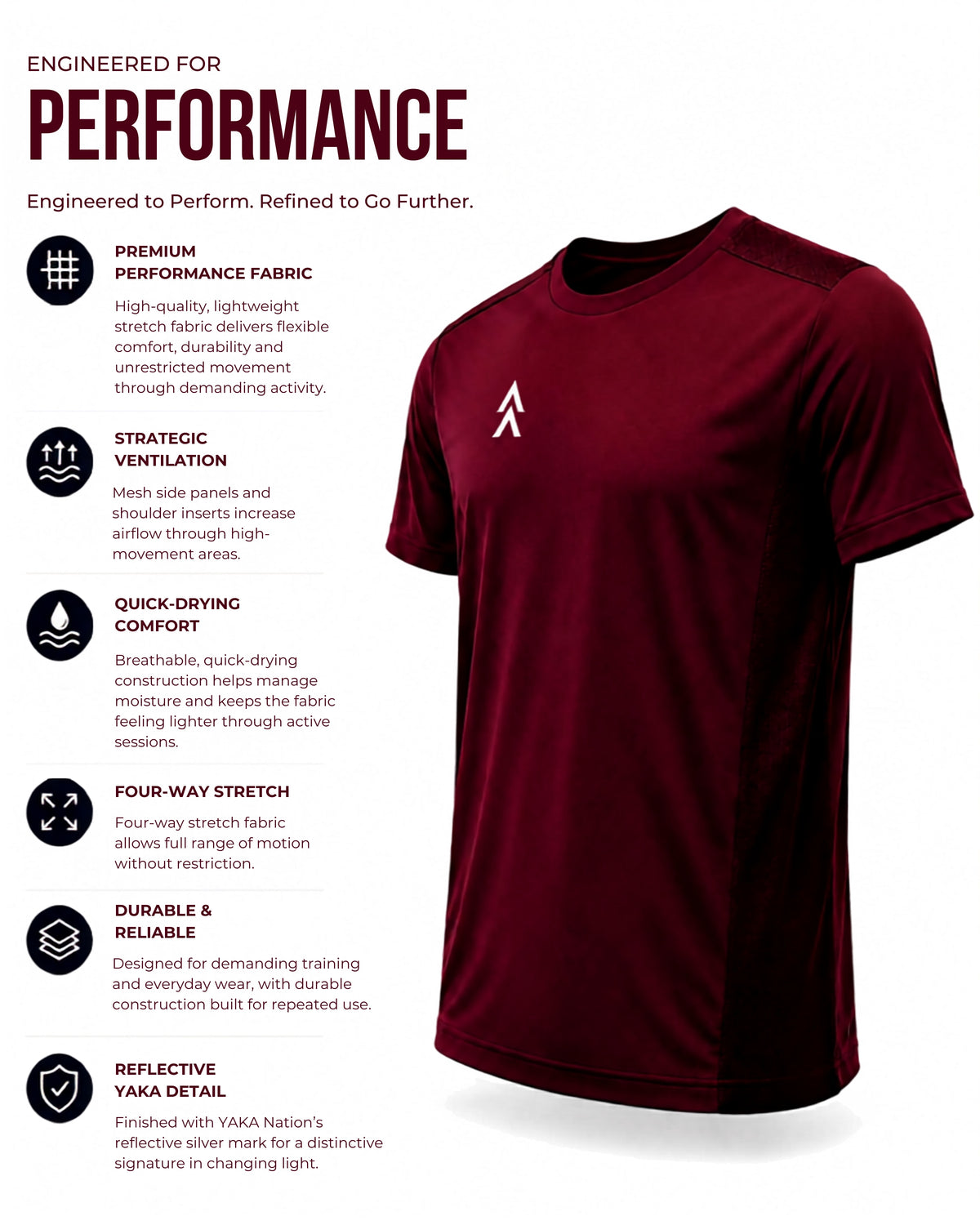 AVRA Rogue Maroon performance tee features – mesh ventilation, four-way stretch, quick-dry comfort and reflective YAKA detail