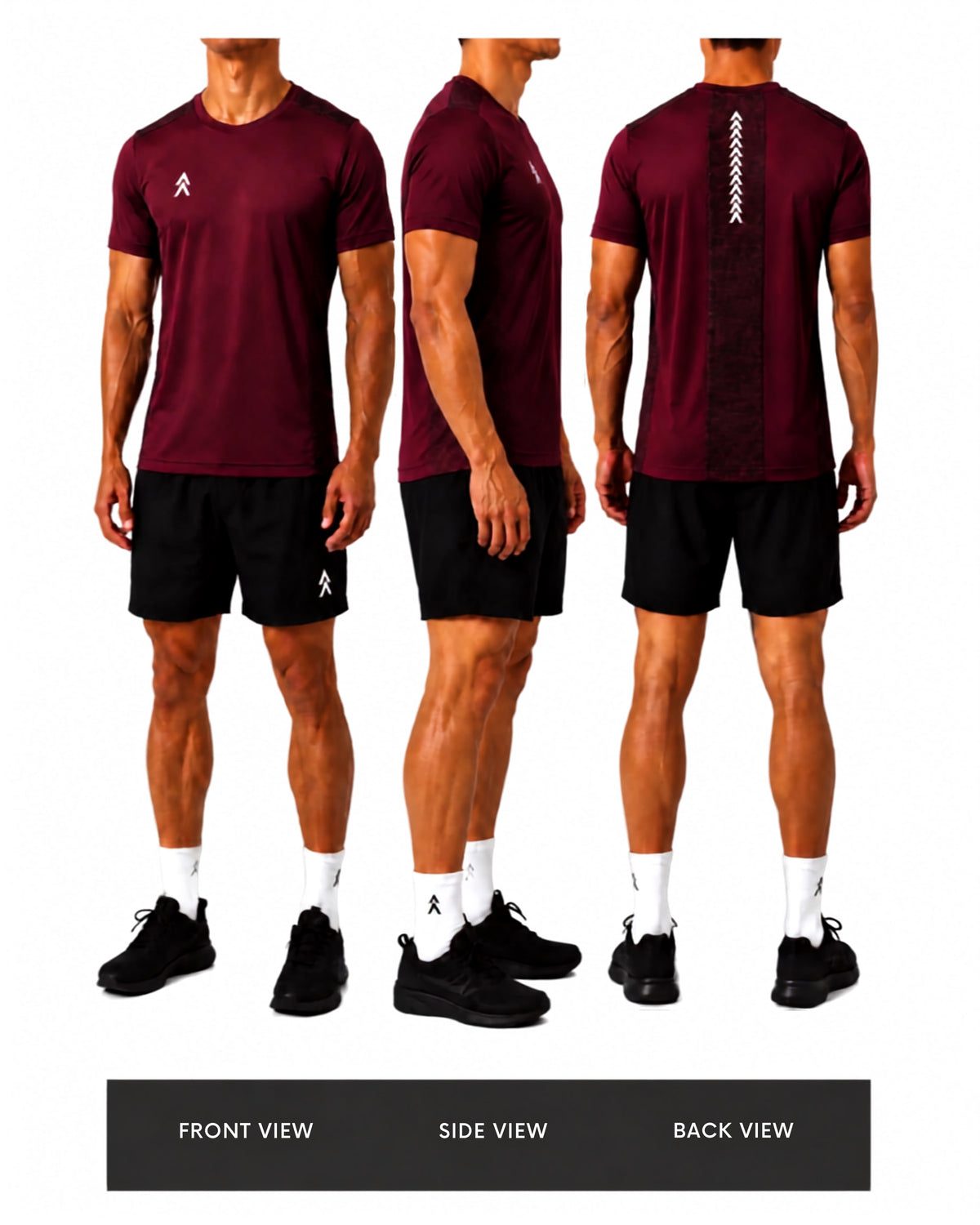 YAKA Nation AVRA Rogue Maroon performance tee shown on model from front, side and back