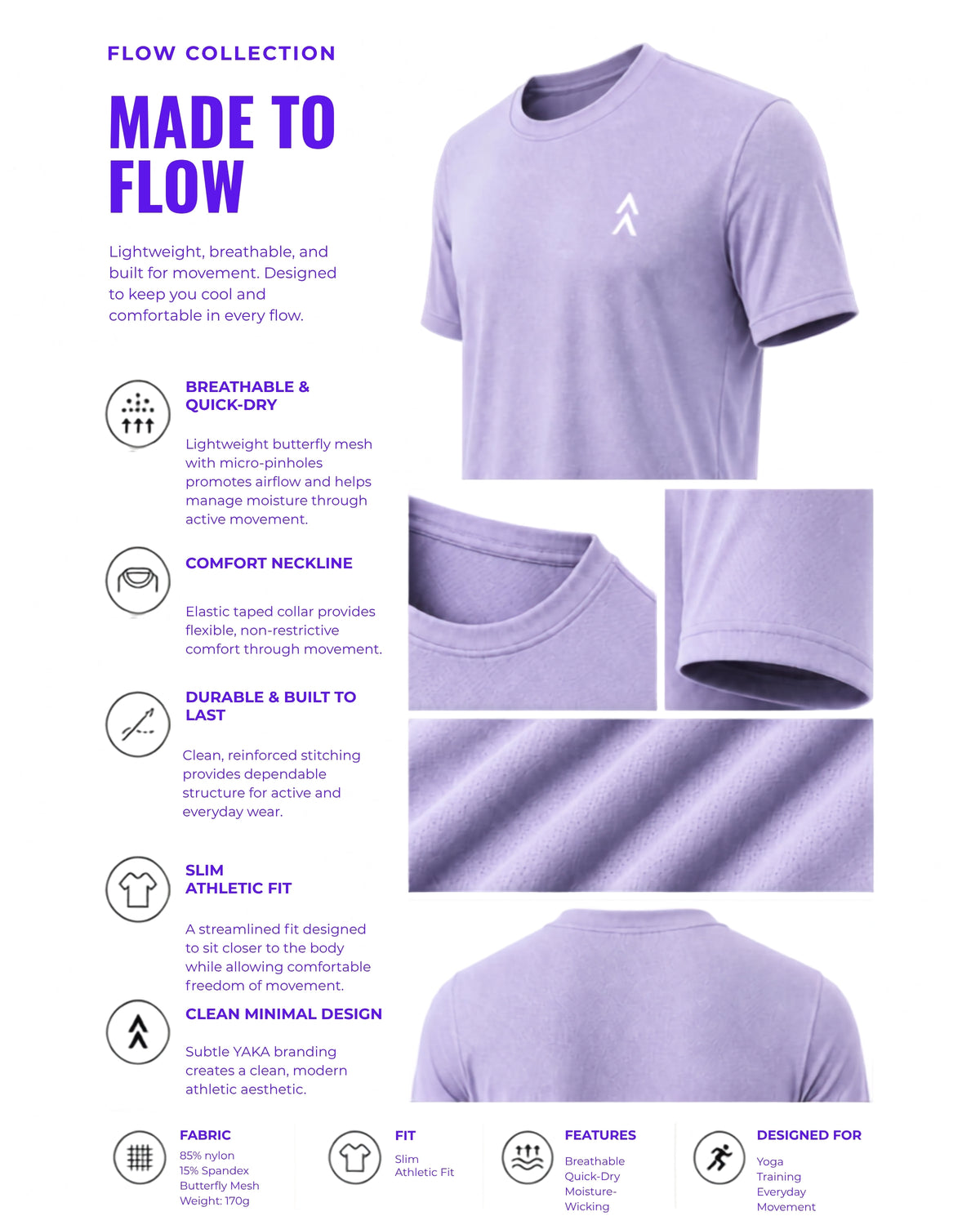 NAIA Muse Lavender Flow tee showing lightweight butterfly mesh and breathable fabric details