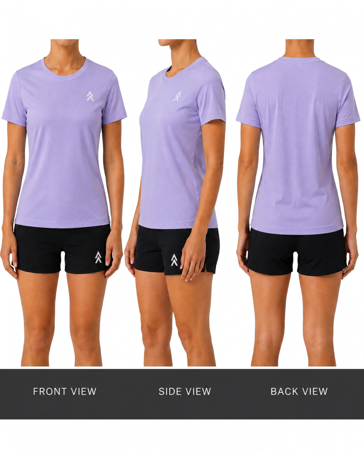 NAIA Muse Lavender Flow tee shown on model from front, side and back