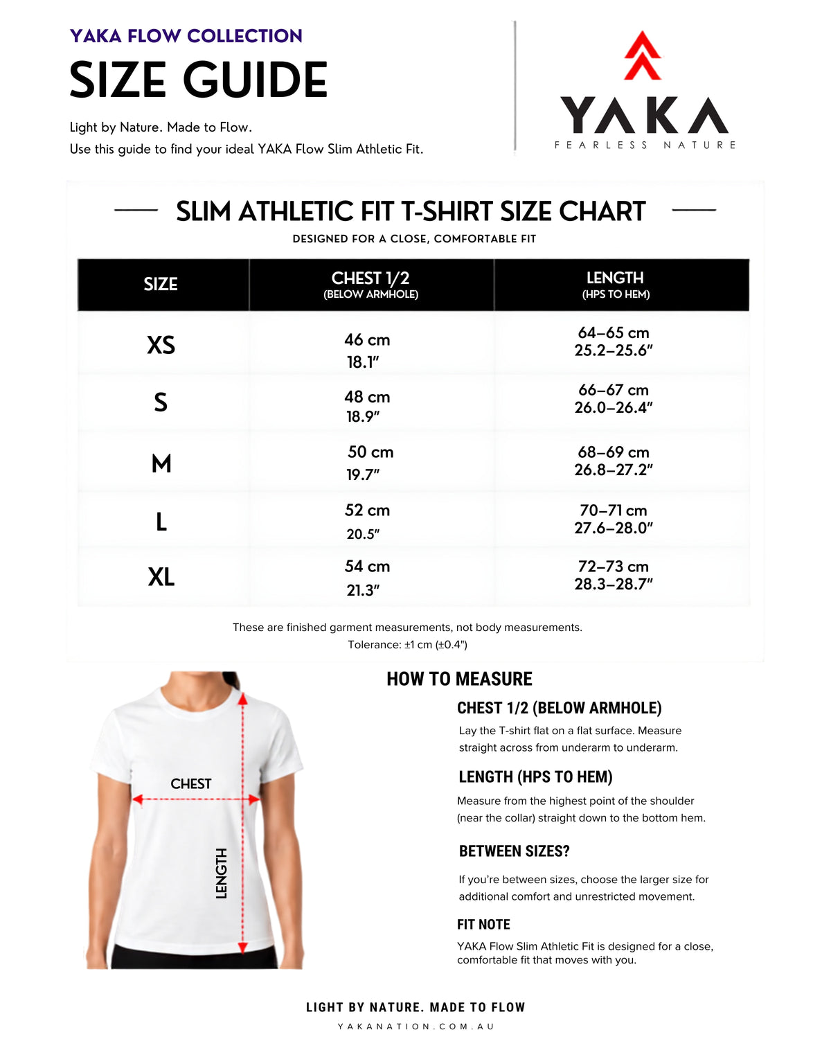 YAKA Nation NAIA Flow tee size guide with garment measurements and fit information