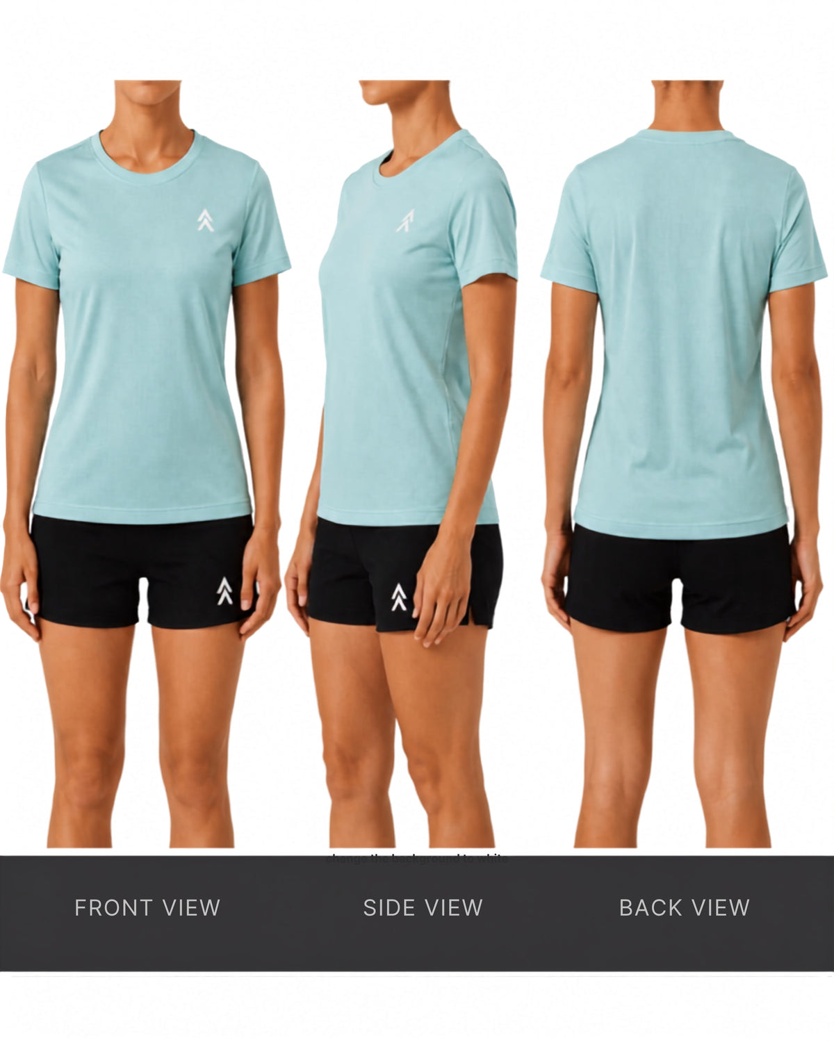 NAIA Prism Cyan Flow tee shown on model from front, side and back